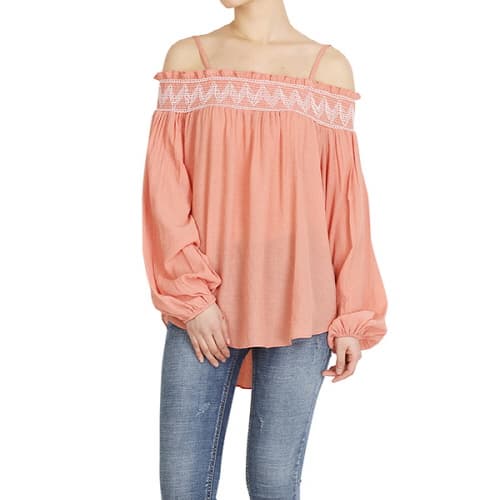 Cotton needlework off the shoulder style blouse with peach_